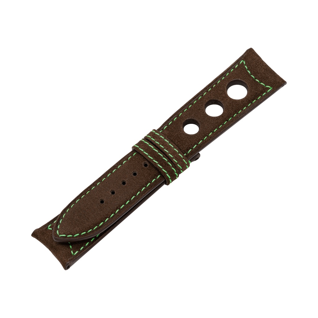 Rally Nubuck Brown Chocolate Strap,  Stitching Green