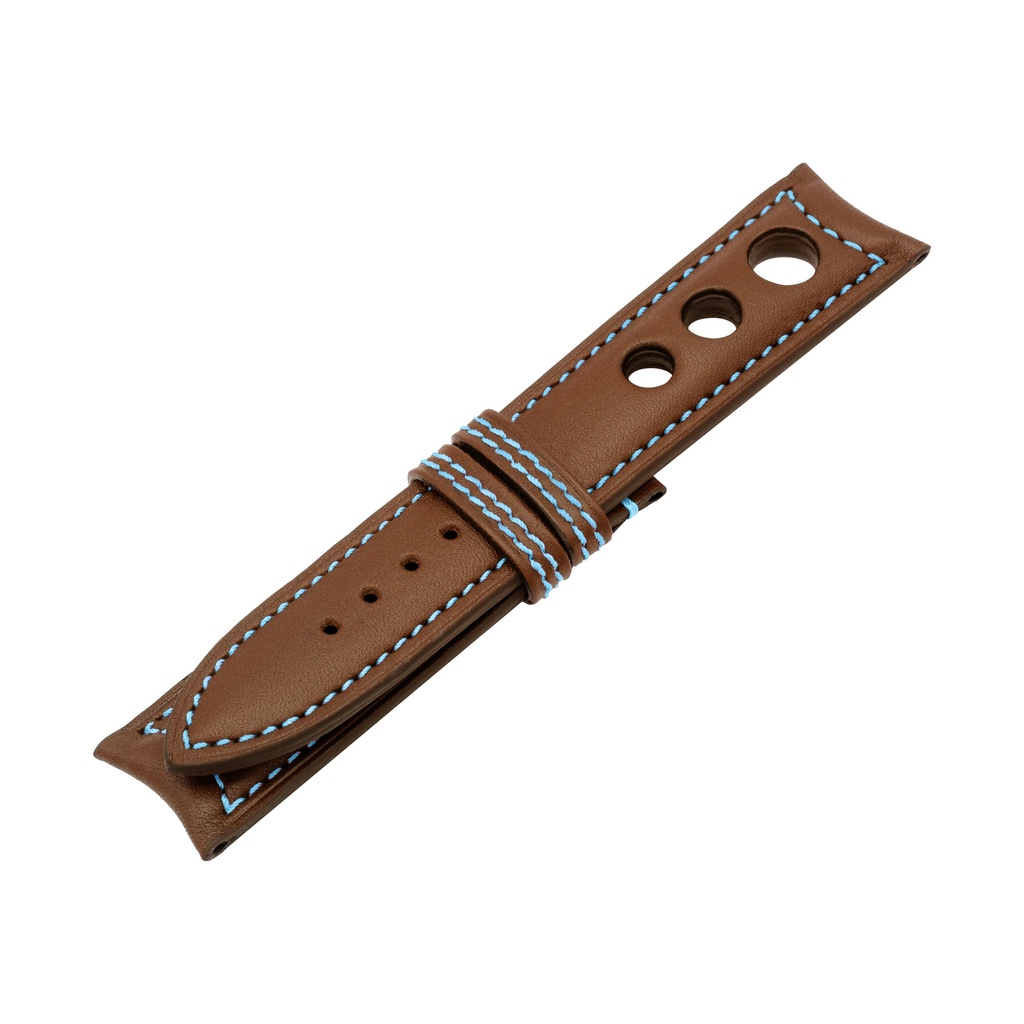 Rally Leather Brown Chestnut Strap,  Stitching Blue Light