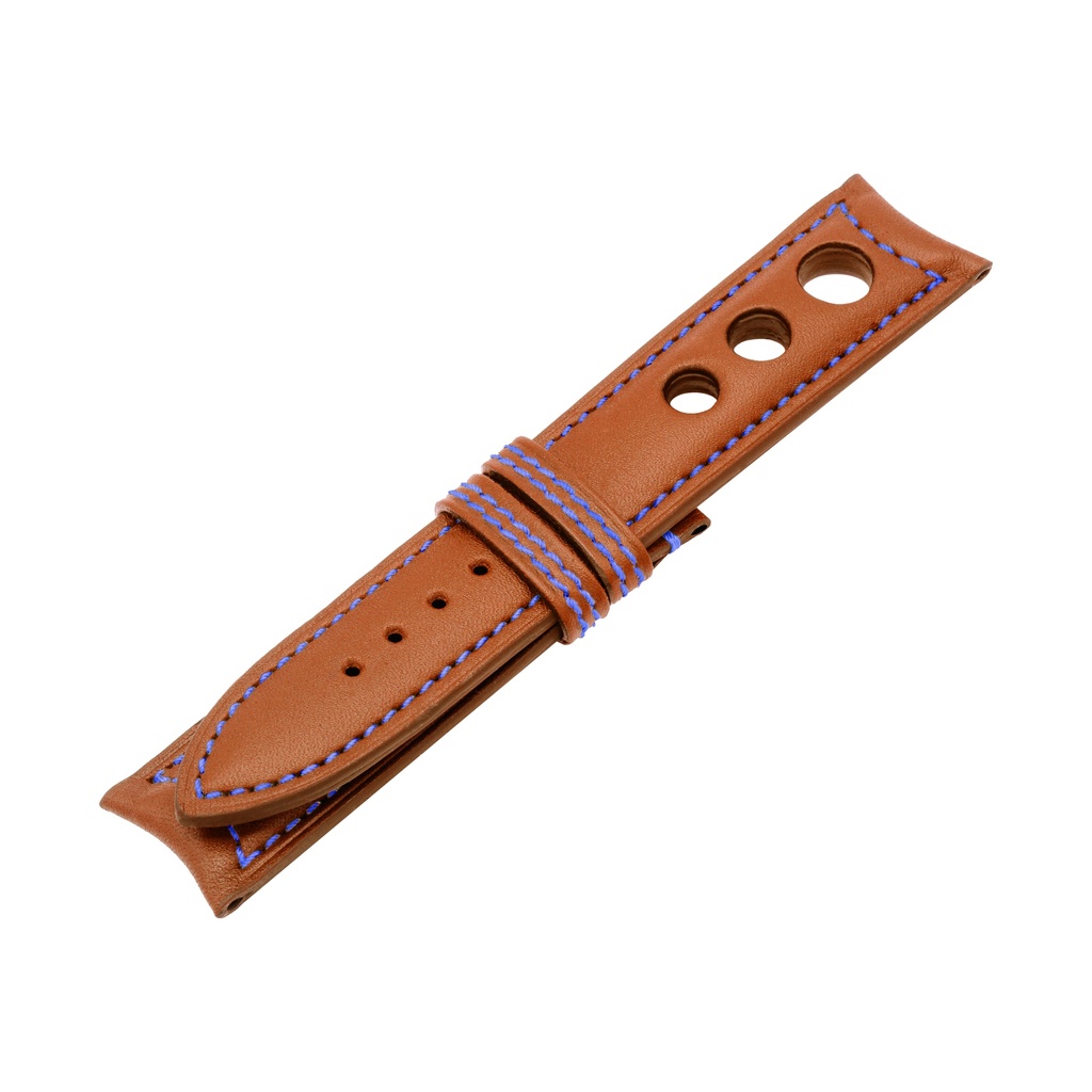 Rally Leather Cognac Strap,  Stitching Blue