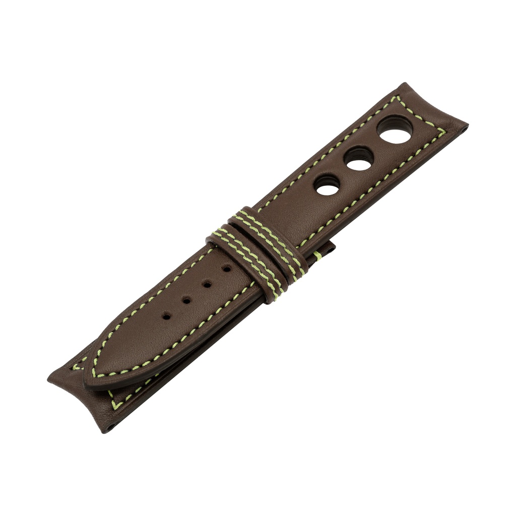 Rally Leather Brown Chocolate Strap,  Stitching Green Light