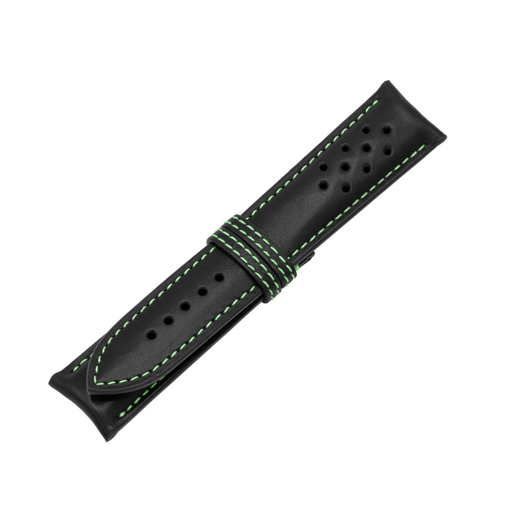 Vintage Leather Black Strap,  Stitching Green