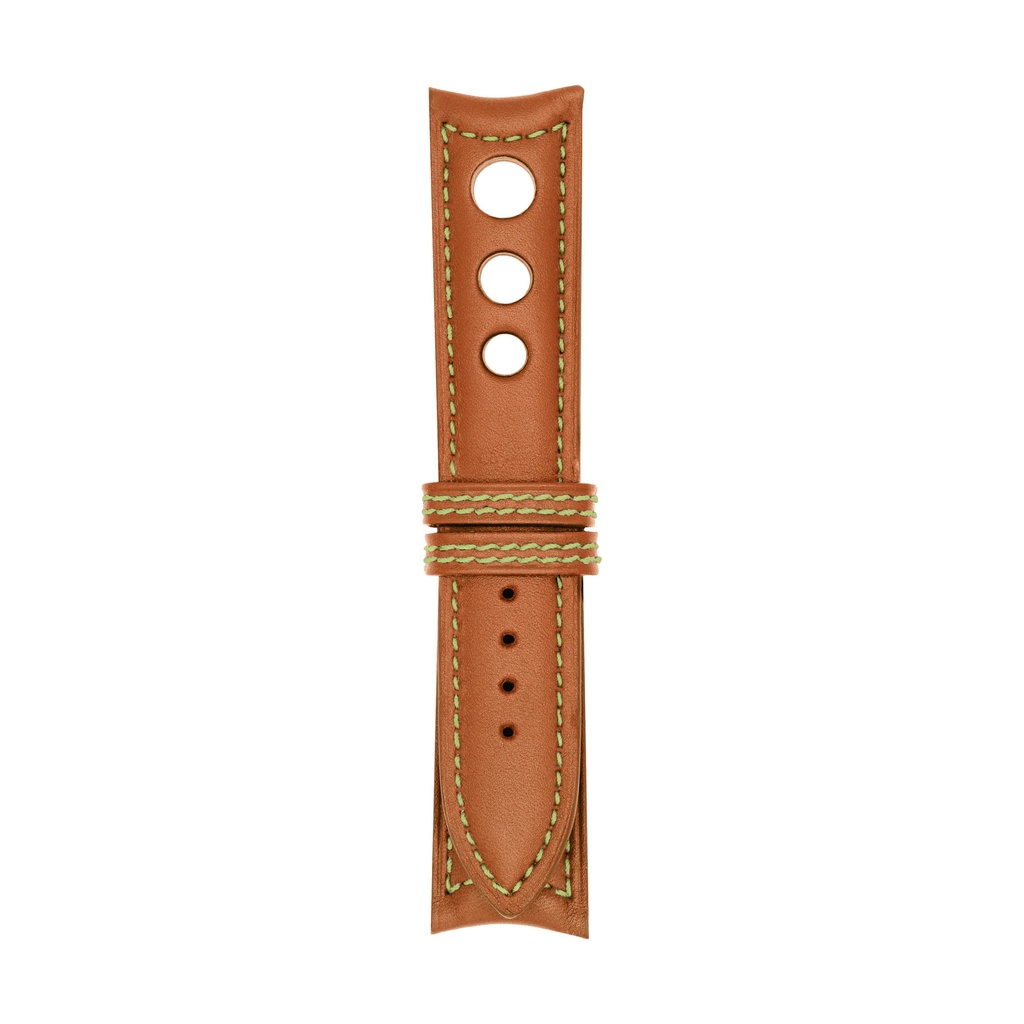 Rally Leather Cognac Strap,  Stitching Green Light